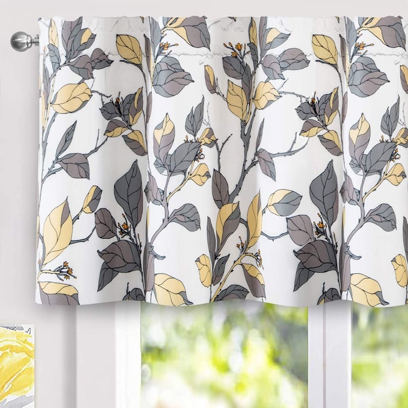 DriftAway Ryan Sketch Flower Floral Branch Leaves Lined Window Curtain Valance - 52'' width x 24'' length - Yellow Grey