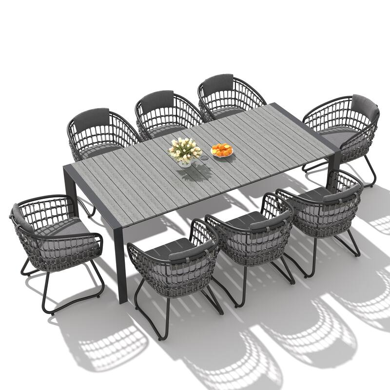 7/9-Piece Outdoor Premium Aluminum Dining Table with Umbrella Hole and PE Rattan Chairs