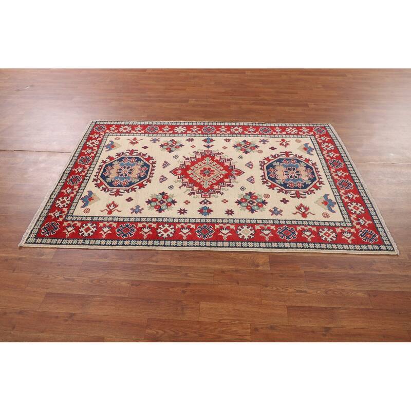 Geometric Ivory Kazak Accent Rug Hand-Knotted Wool Carpet - 3'11" x 5'11"