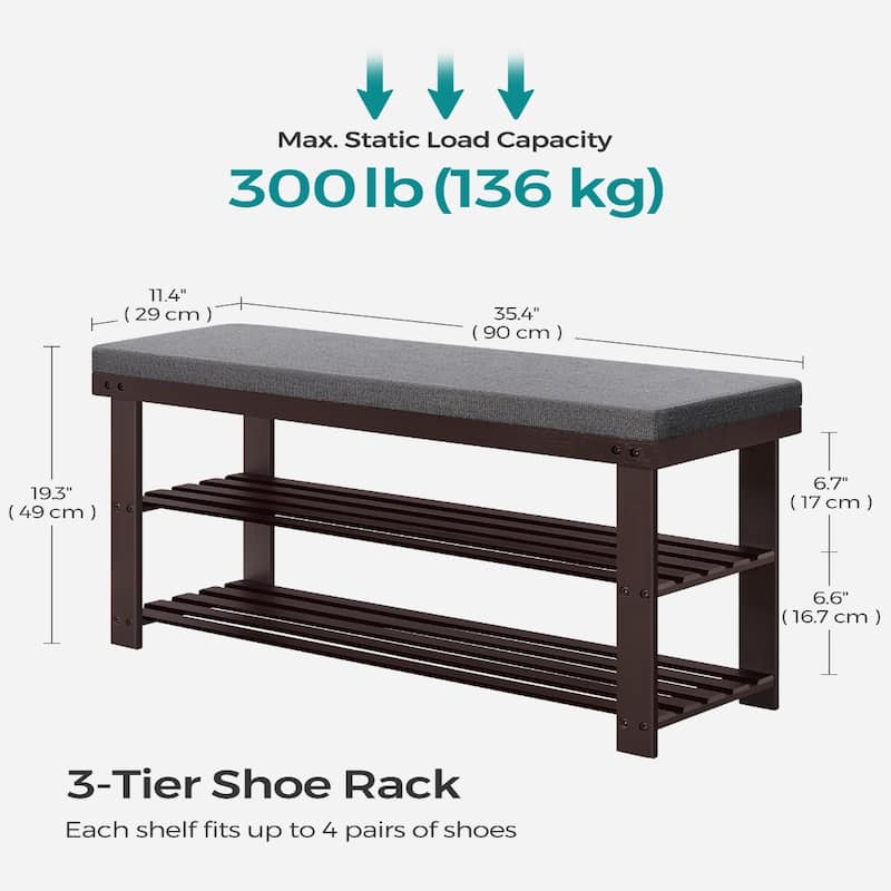 Wicker Shoe Bench with Cushion and 2-Tier Storage Shelves for Entryway for Holds Up to 8 Pairs - 11.4"D x 35.4"W x 19.3"H