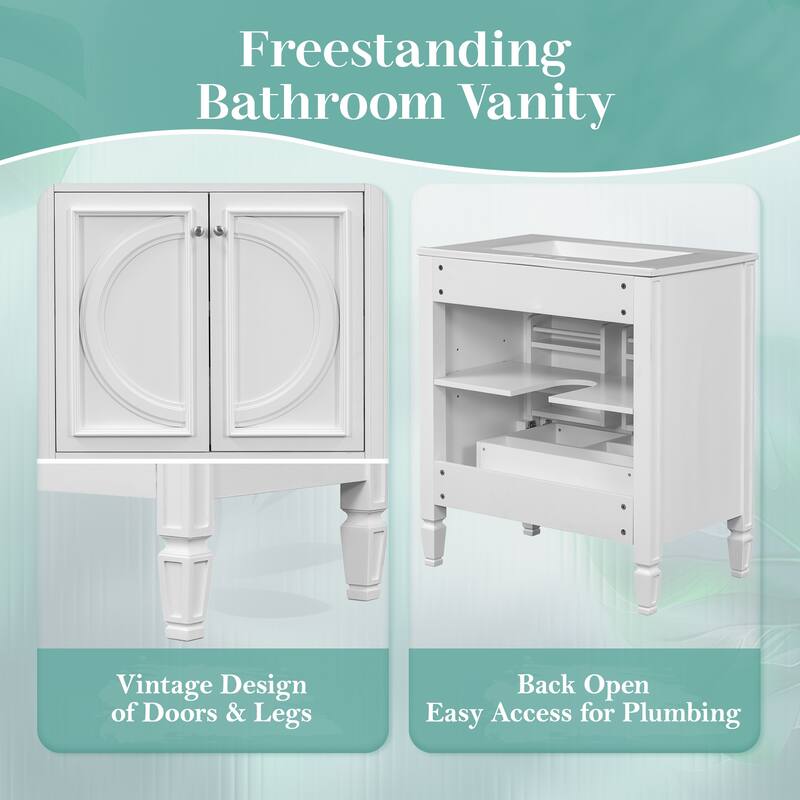 Green 30-Inch Freestanding Vanity with Ceramic Sink, Soft-Close Doors, Adjustable Shelf, and Retro Legs