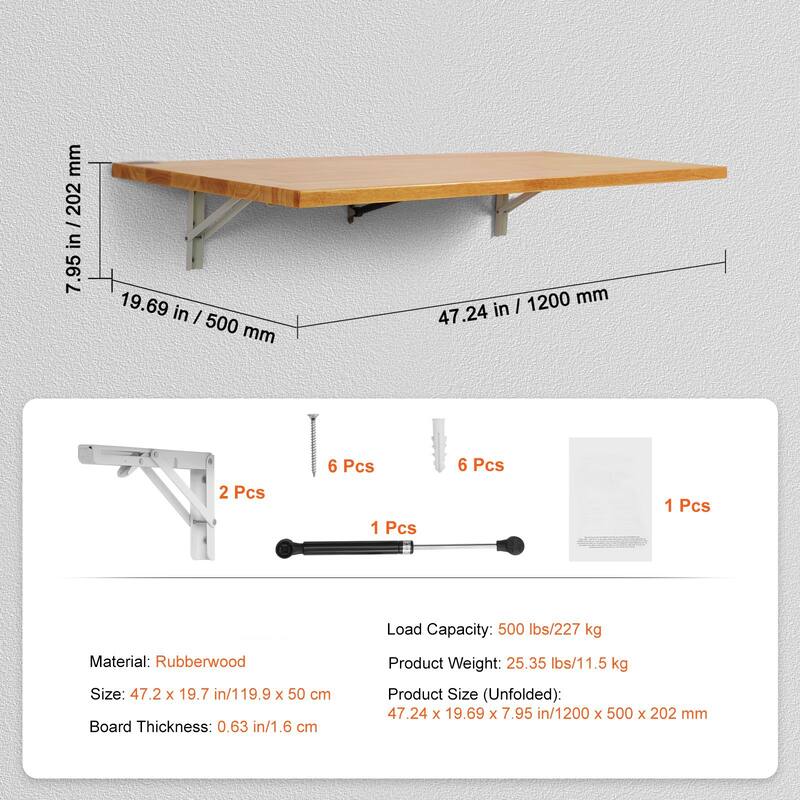 Natural Rubberwood Folding Desk, Wall Mount, 500 lbs Load Capacity and Space Saving