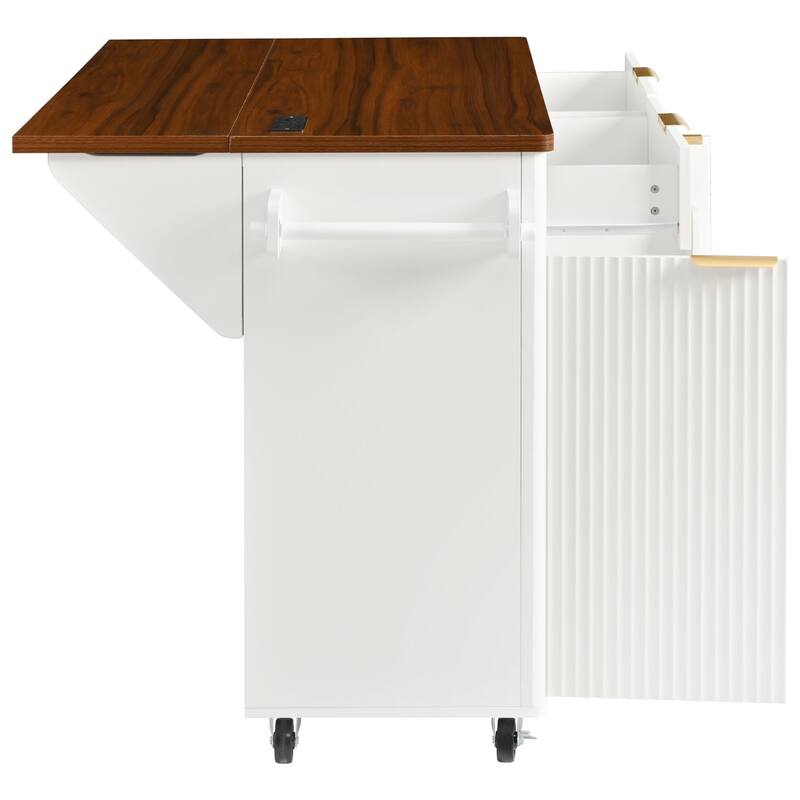 52" Fluted Kitchen Island with Drop Leaf, Power Outlet, Kitchen Storage Cart with Adjustable Shelves, 2 Doors and 2 Drawers