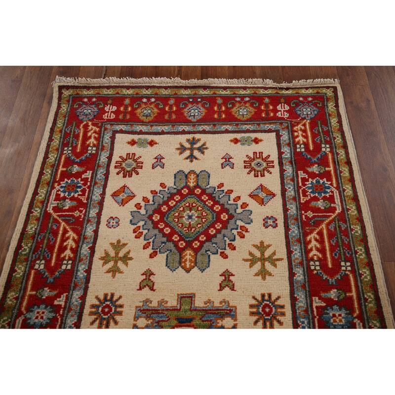Geometric Beige Kazak Oriental Runner Rug Handmade Wool Carpet - 2'9" x 12'10"