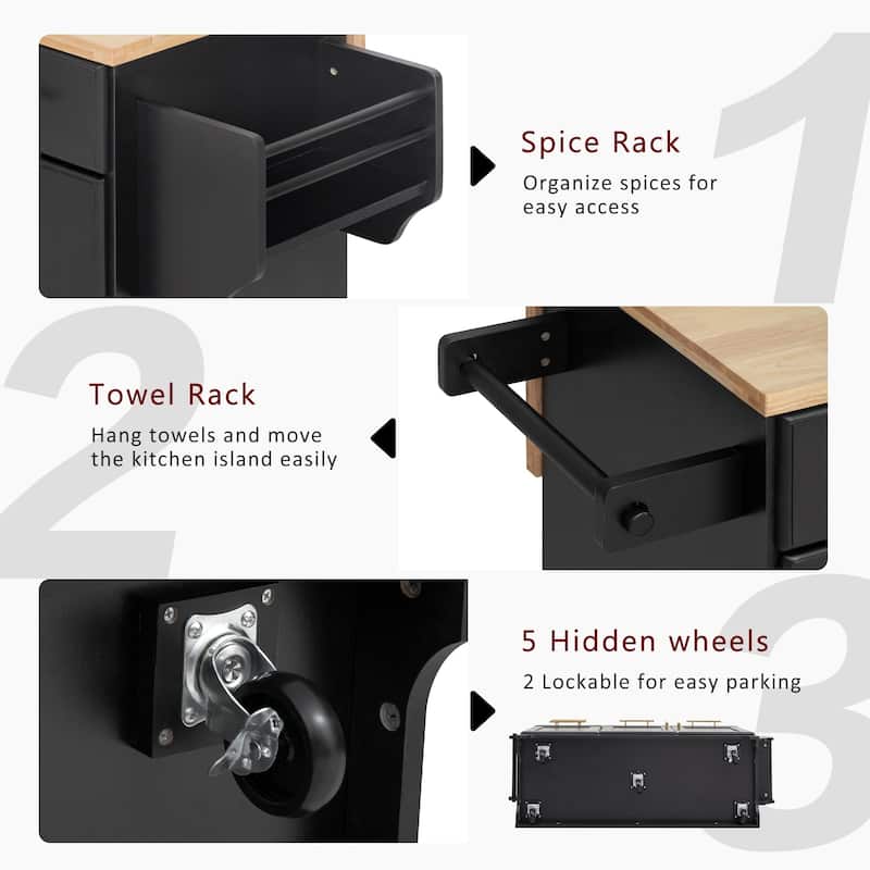 Rolling Kitchen Island Cart with 2 Pull Out Cabinet Organizers, Drop Leaf, Trash Can Storage, Power Outlet, Spice, Towel Rack
