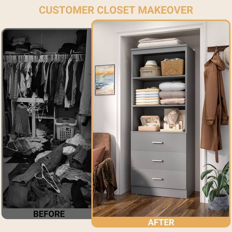 23.6" W Closet System with 3 Wooden Drawers and Storage Shelves, 2FT Sturdy Walk-in Organizer Storage Unit
