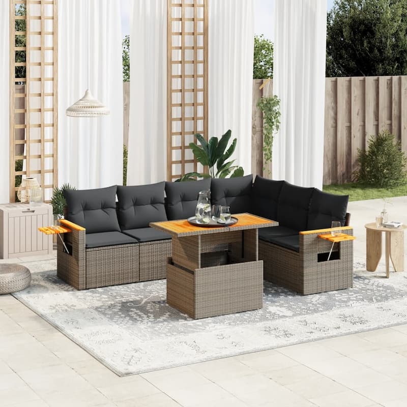 vidaXL Patio Sofa Set with Cushions Outdoor Furniture 7 Piece Poly Rattan - Grey - 21.7 x 39.4 x 28.7 in