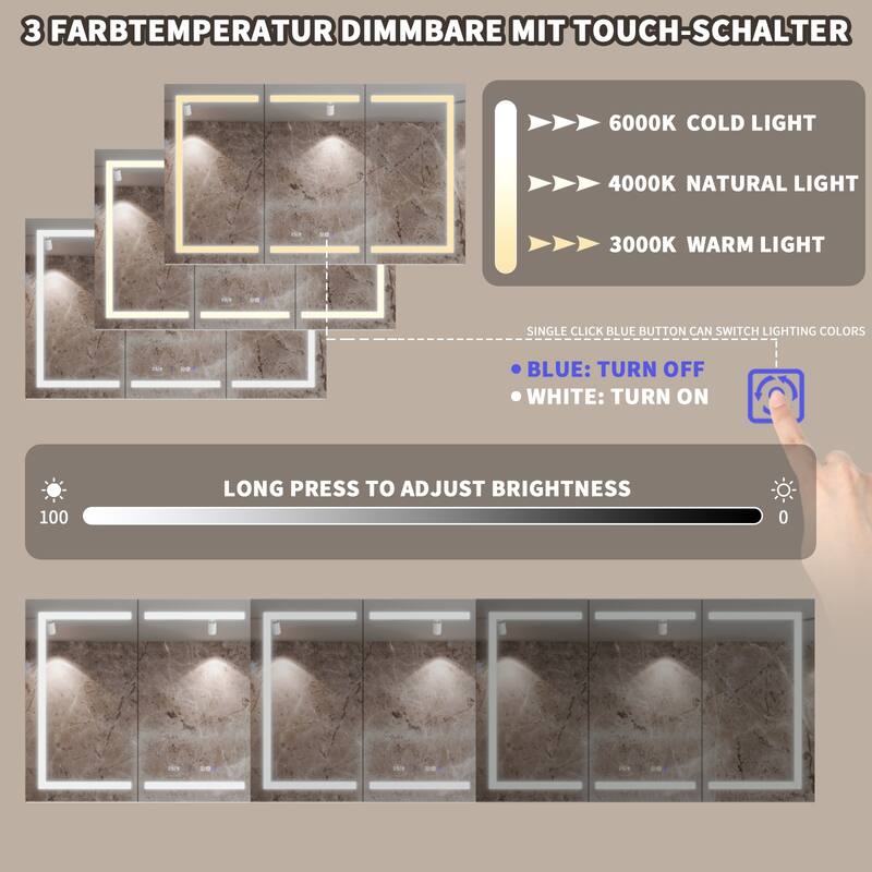 36'' H Recessed or Surface Mounted Bathroom LED Mirror Cabinet With Defogger, Dimmer, 10x magnifying