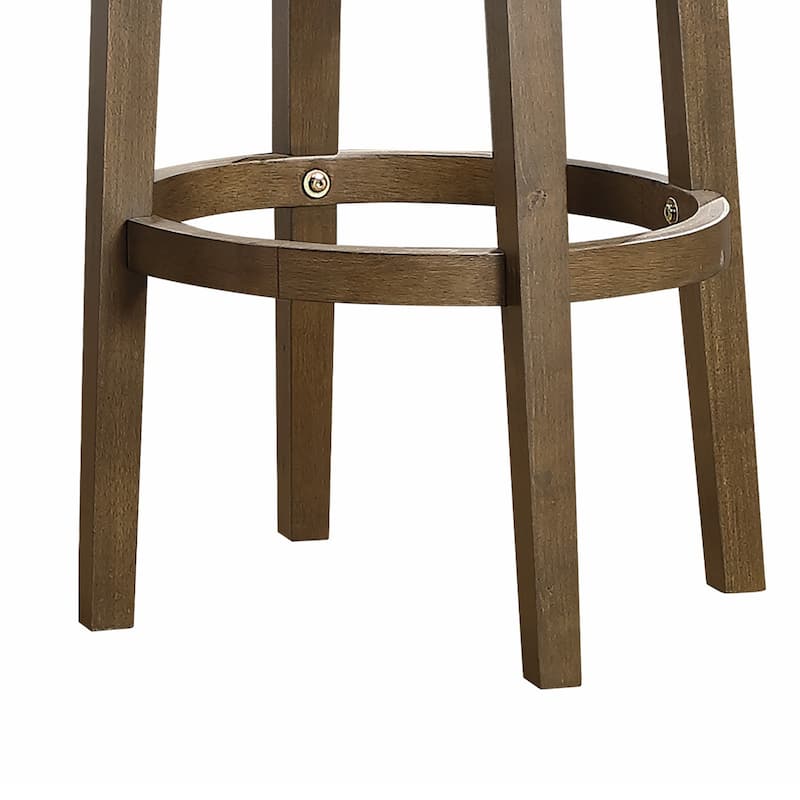 Bara 31 Inch Swivel Barstool, Red Round Faux Leather, Brown Solid Wood