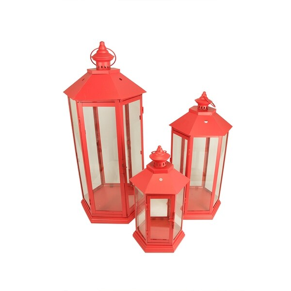 Set of 3 Red Traditional Style Pillar Candle Holder Lanterns 27" - N/A