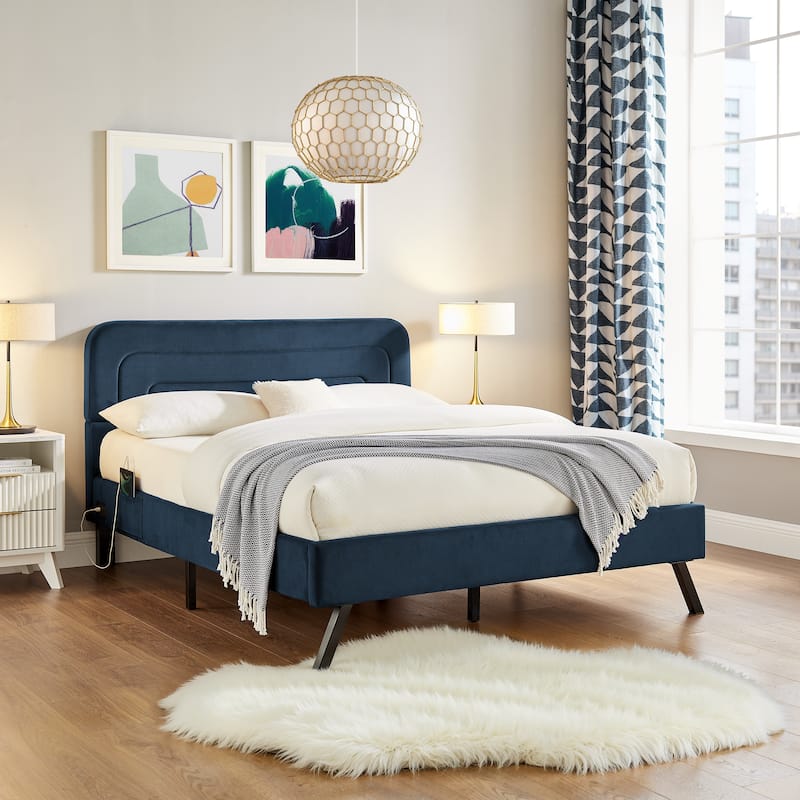 Studio Living Ashton Full Upholstered Bed in Velvet Fabric - Navy