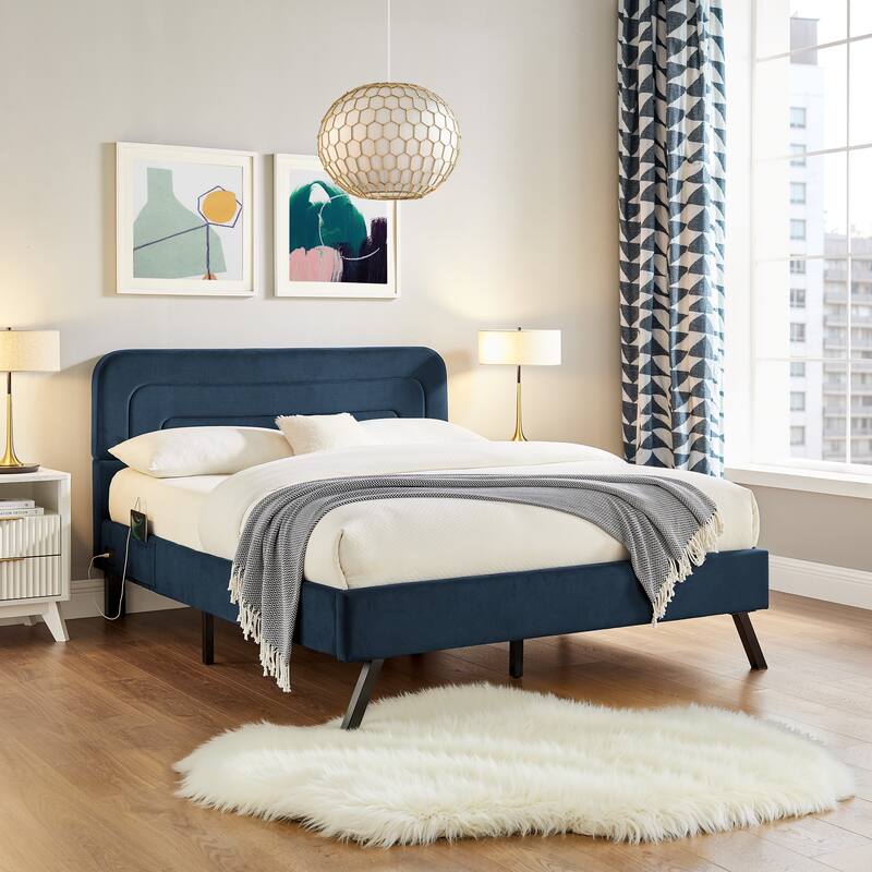 Studio Living Ashton Queen Upholstered Bed in Velvet Fabric - Navy
