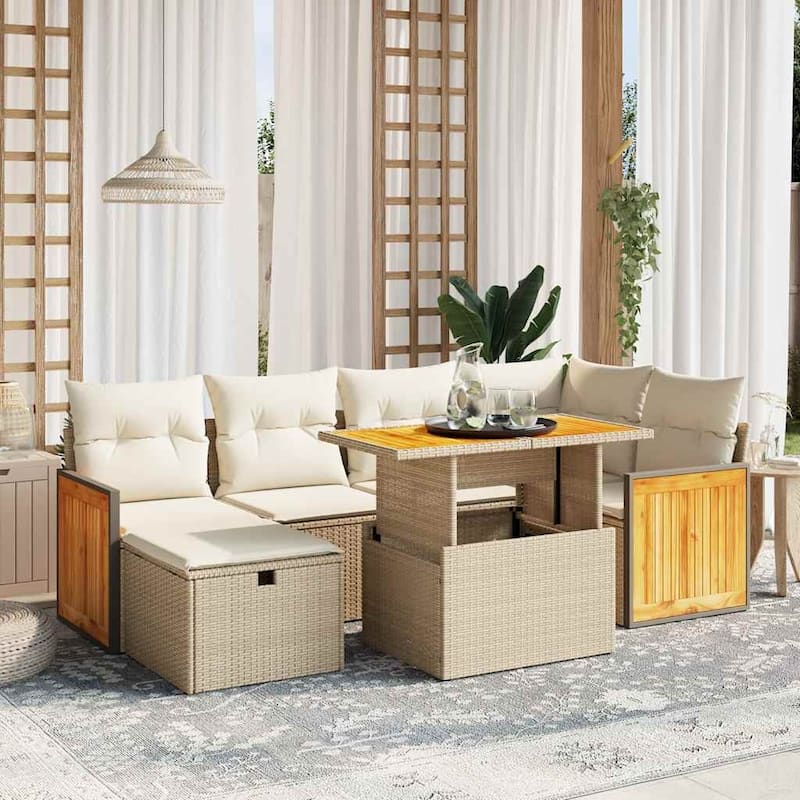 vidaXL Patio Sofa Set with Cushions Outdoor Conversation Furniture Poly Rattan - Beige and Cream-without storage - 21.7 x 39.4 x 28.7