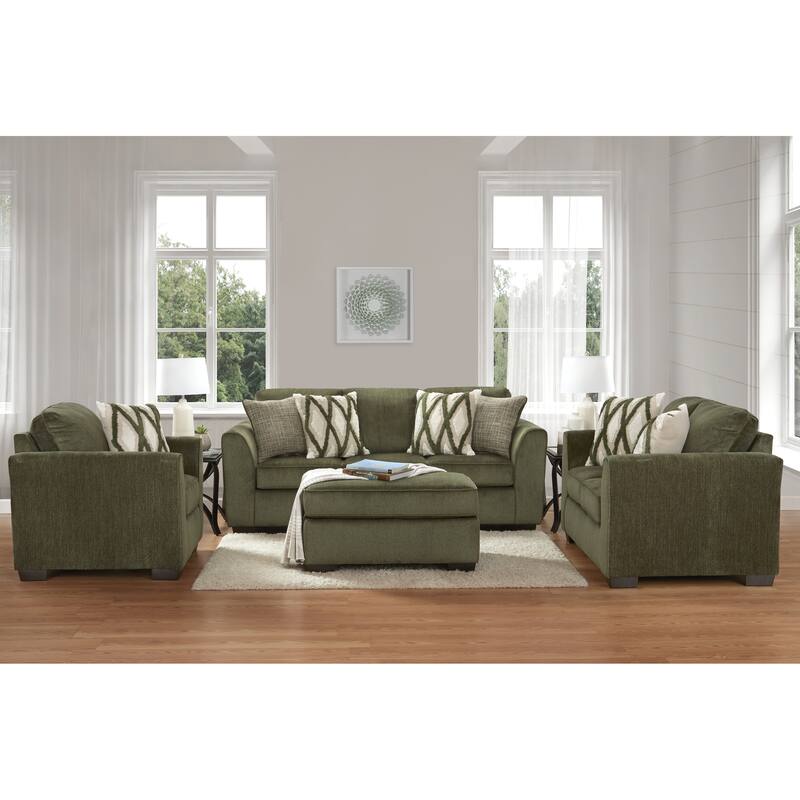 Roundhill Furniture Marvella 4-Piece Living Room Set, Sofa, Loveseat, Chair, and Ottoman with Mosswood Chenille Upholstery