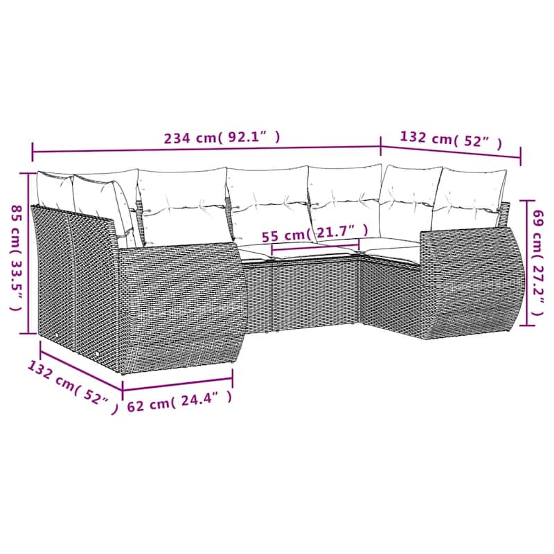 vidaXL 6 Piece Patio Sofa Set with Cushions Black Poly Rattan - 28 x 24.4 x 27.2