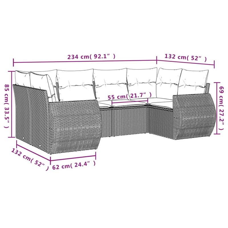 vidaXL Patio Sofa Set with Cushions Outdoor Furniture 6 Piece Poly Rattan - 24.4 x 28.0 x 27.2