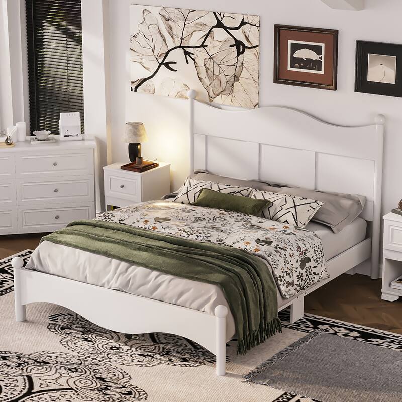 Queen Size Elegant Wood Platform Bed Frame, Retro Style, No Box Spring Needed, Sturdy Wooden Slat Support, Bedroom Furniture