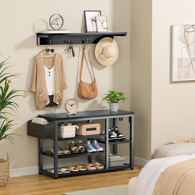 Industrial Hall Tree, 4-in-1 Entryway Coat Rack and Shoe Bench Rack Set with 5 Shoe Storage Cabinets