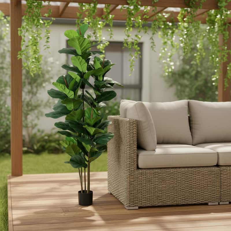 HomeRoots 73" Green Artificial Fiddle Leaf Tree in a Black Pot - 6.69 in. x 72.83 in. x 6.69 in. - Green - 6.69 in. x 72.83 in.  x 6.69 in.