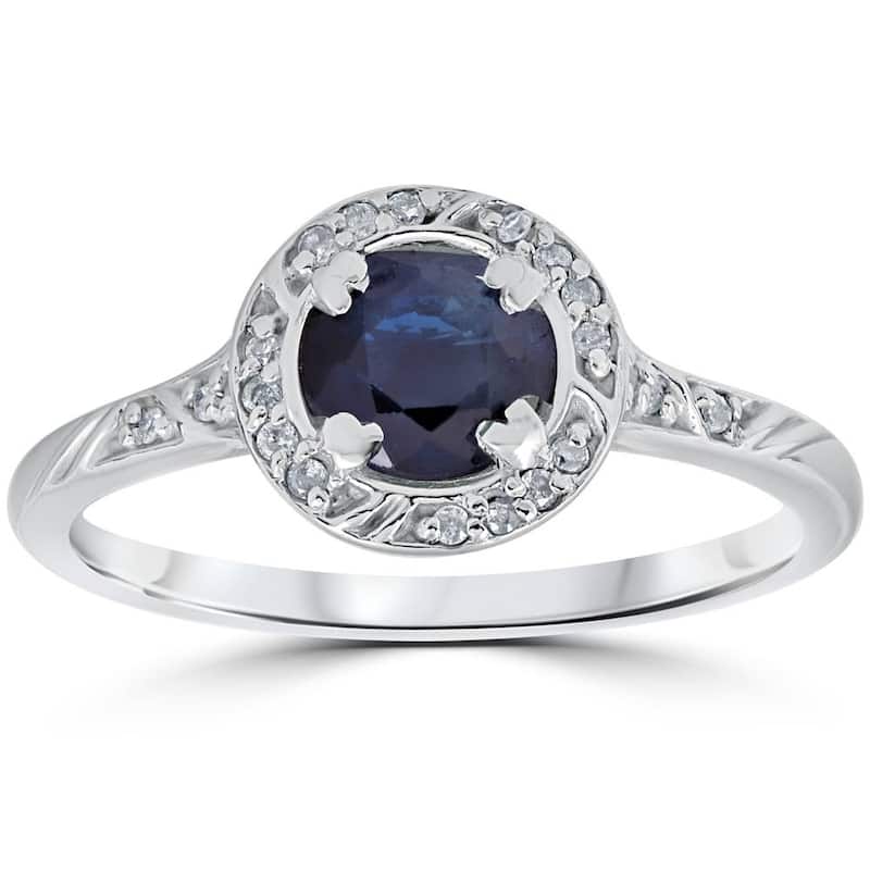 1 1/6ct Blue Sapphire Vintage Diamond Engagement Ring White Gold