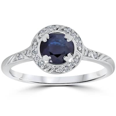1 1/6ct Blue Sapphire Vintage Diamond Engagement Ring White Gold