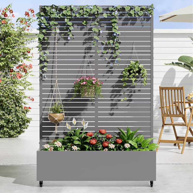 Metal Movable Planter Box with Trellis Privacy Screen Planter Box with Lockable Wheels - 72"x47" - Grey