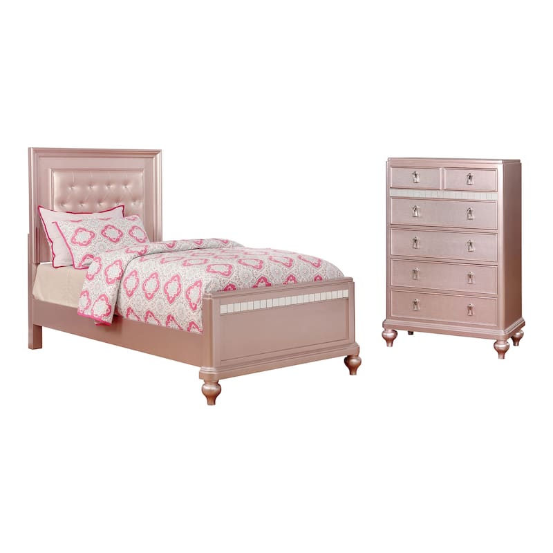 Furniture of America Dzhebel Contemporary Pink 2-Piece Faux Leather Tufted Headboard Panel Bed and Chest Set