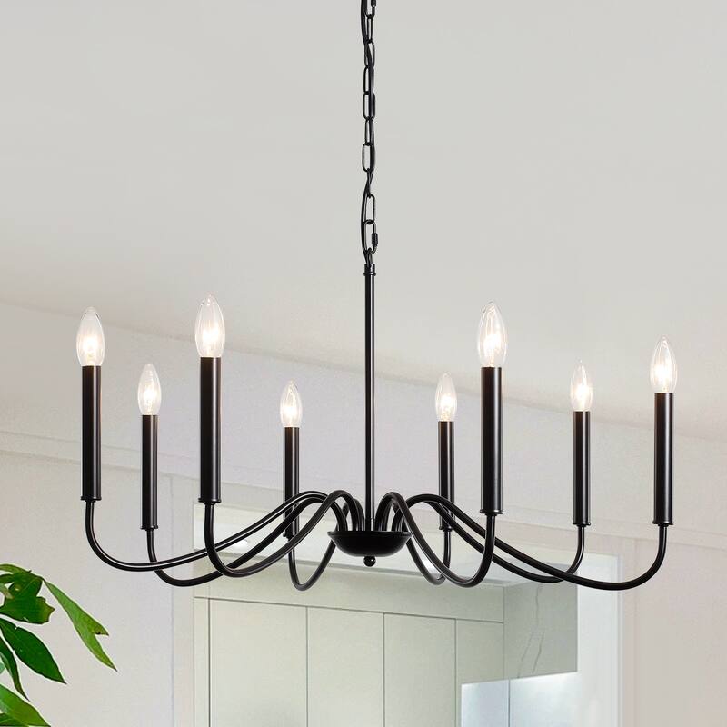 8-Light Simple Candle Chandelier, Traditional Chandelier, Farmhouse Metal Ceiling Light for Dining Room - W28.74"x H14.96" - Black