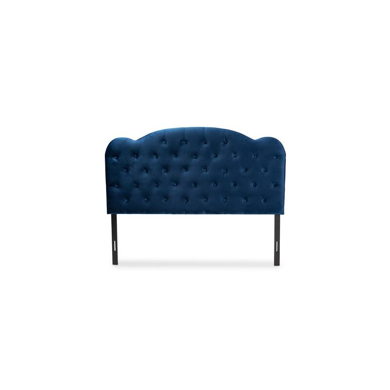 Navy Blue Velvet Fabric Upholstered Queen Size Headboard with Modern Wingback Design and Soft Foam Padding