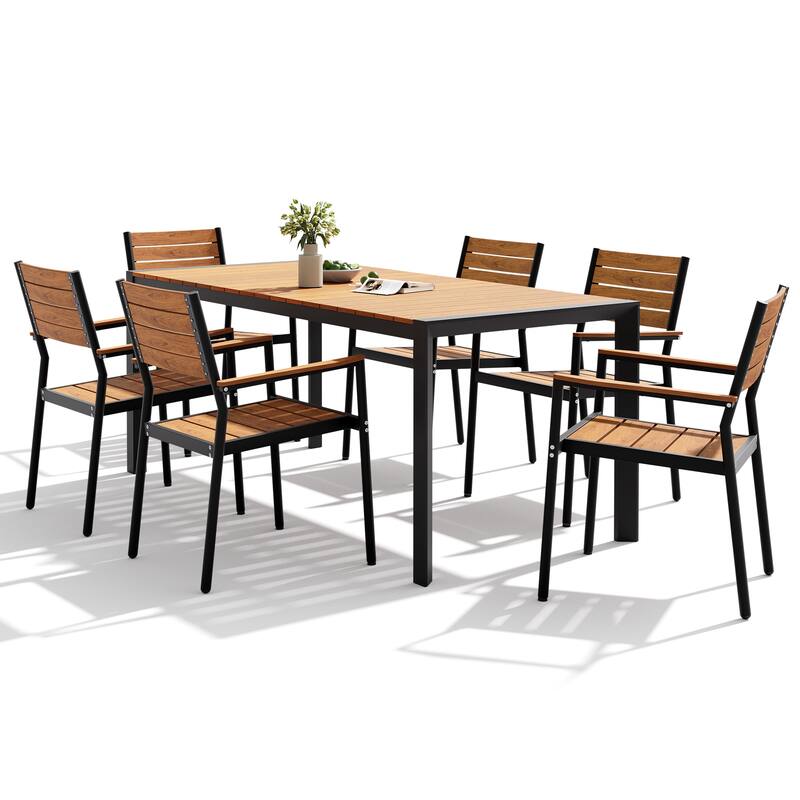 Set of 7 Outdoor Patio Dining Set WoodLike Table Top Aluminum Rectangular Umbrella Hole Table with Stackable Dining Chairs