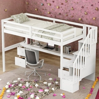 Twin Size Loft Bed Frame with Built-in Desk and 2 Drawers