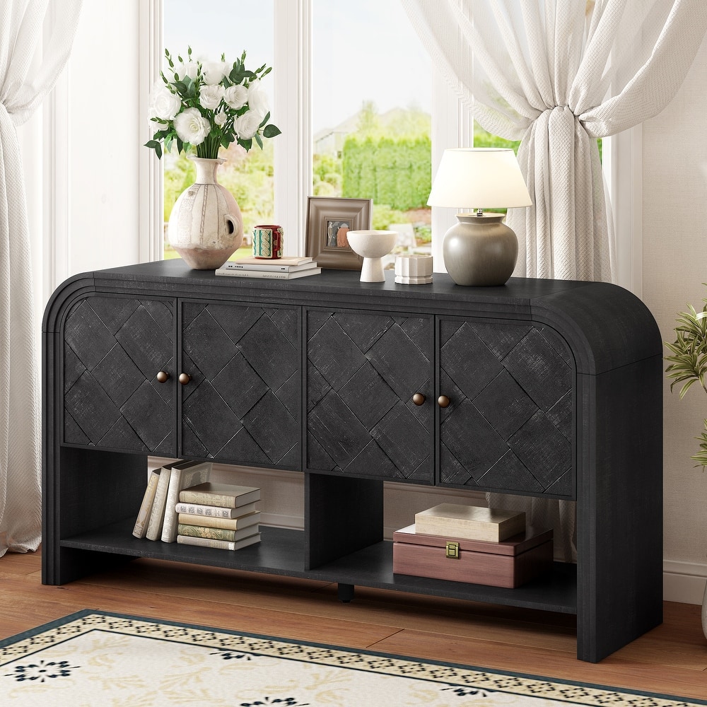 Wood Storage Table Buffet Sideboard, Cconsole Table with Woven Slat Doors, Accent Table with Step Design