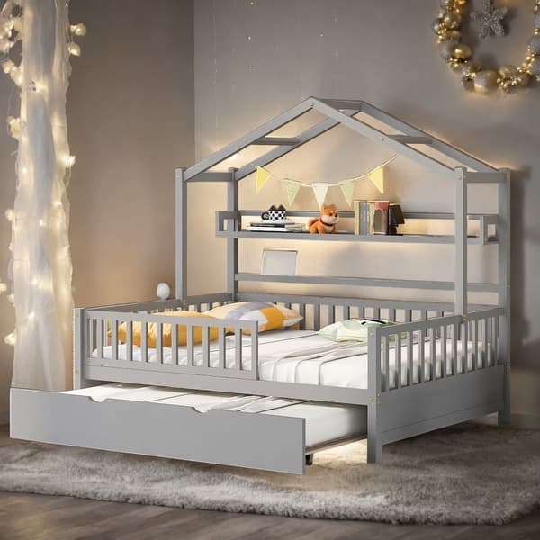 slide 2 of 12, Full Size Wooden House Bed Kids Bed with Twin Size Trundle and Shelf Grey