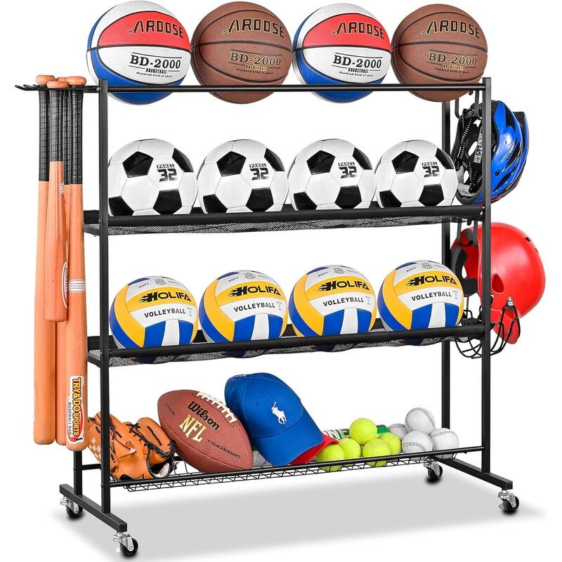 4 Tier Sports Equipment Organizer for Garage with Detachable Nylon Mesh Baskets