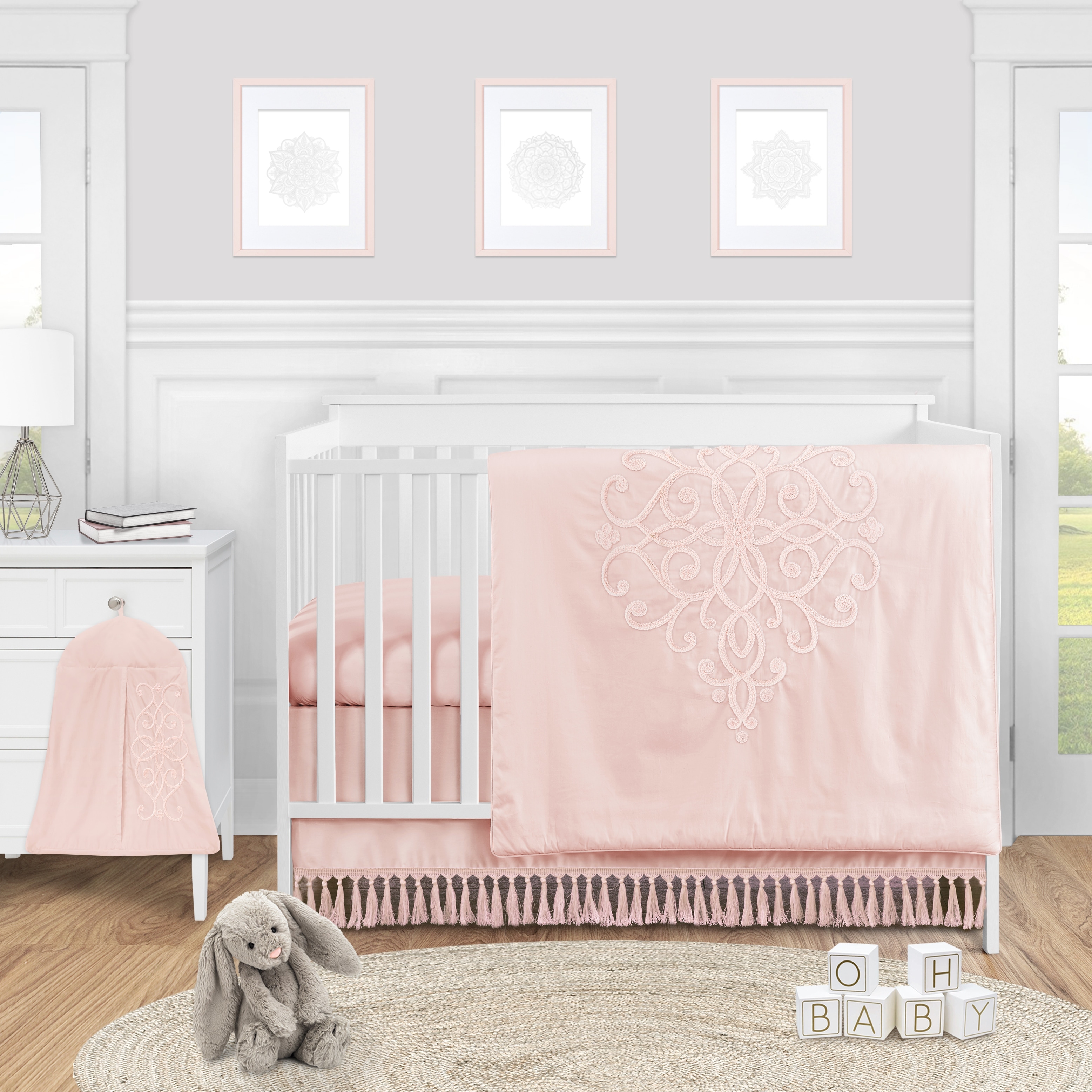 Pink Boho Collection Girl 4pc Nursery Crib Bedding Set - Solid Color Blush Shabby Chic Princess Luxurious Luxury Elegant Vintage