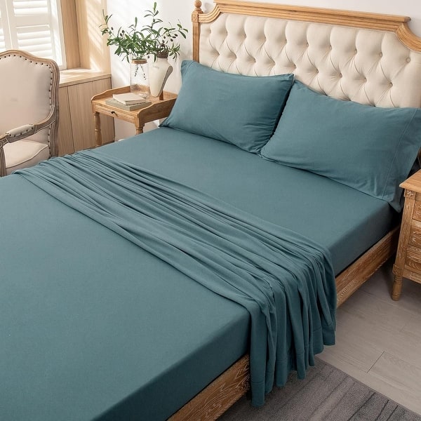 Jersey Knit 4pc Bed Sheet Set Cotton Breathable Extra Deep Pocket