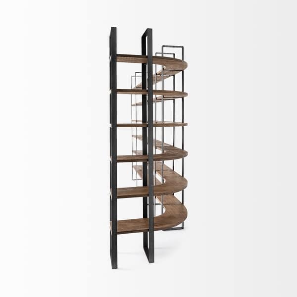 Curved Dark Brown Wood And Black Iron 6 Shelving Unit Curved Dark Brown Wood And Black Iron 6 Shelving Unit