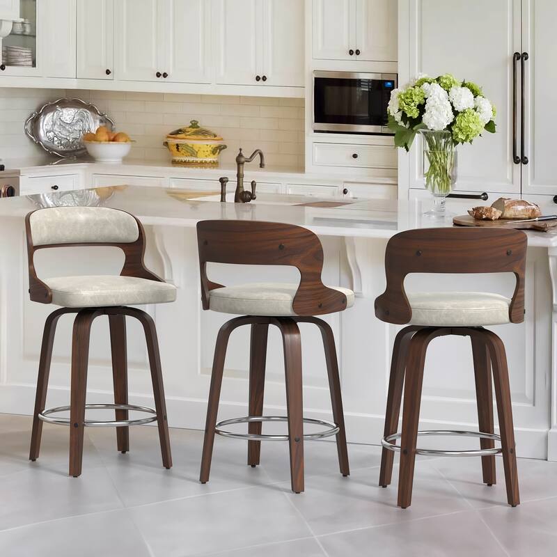 PU Leather 26in. Swivel Barstool Counter Height Low Back Solid Wood Stool for Kitchen Islands with Curved Backrest - Set of 3 - Griege