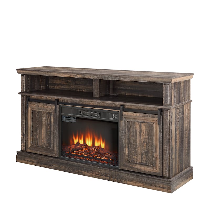 Farmhouse TV Stand Fireplace TV Stand with Open Storage Cabinets for 65 Inches TV, Barn Door TV Stand with Adjustable Shelves