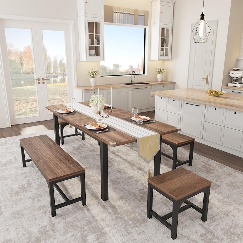 43.7in-63in Extendable Dining Table Set with 2 Benches and 2 Stools