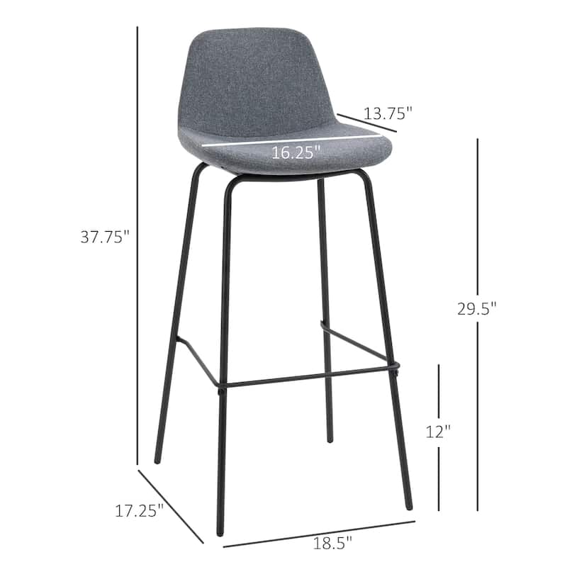 HOMCOM 29.5" Seat Height Bar Stools Set of 2, Upholstered Bar Chairs, Armless Barstools with Back, Steel Legs