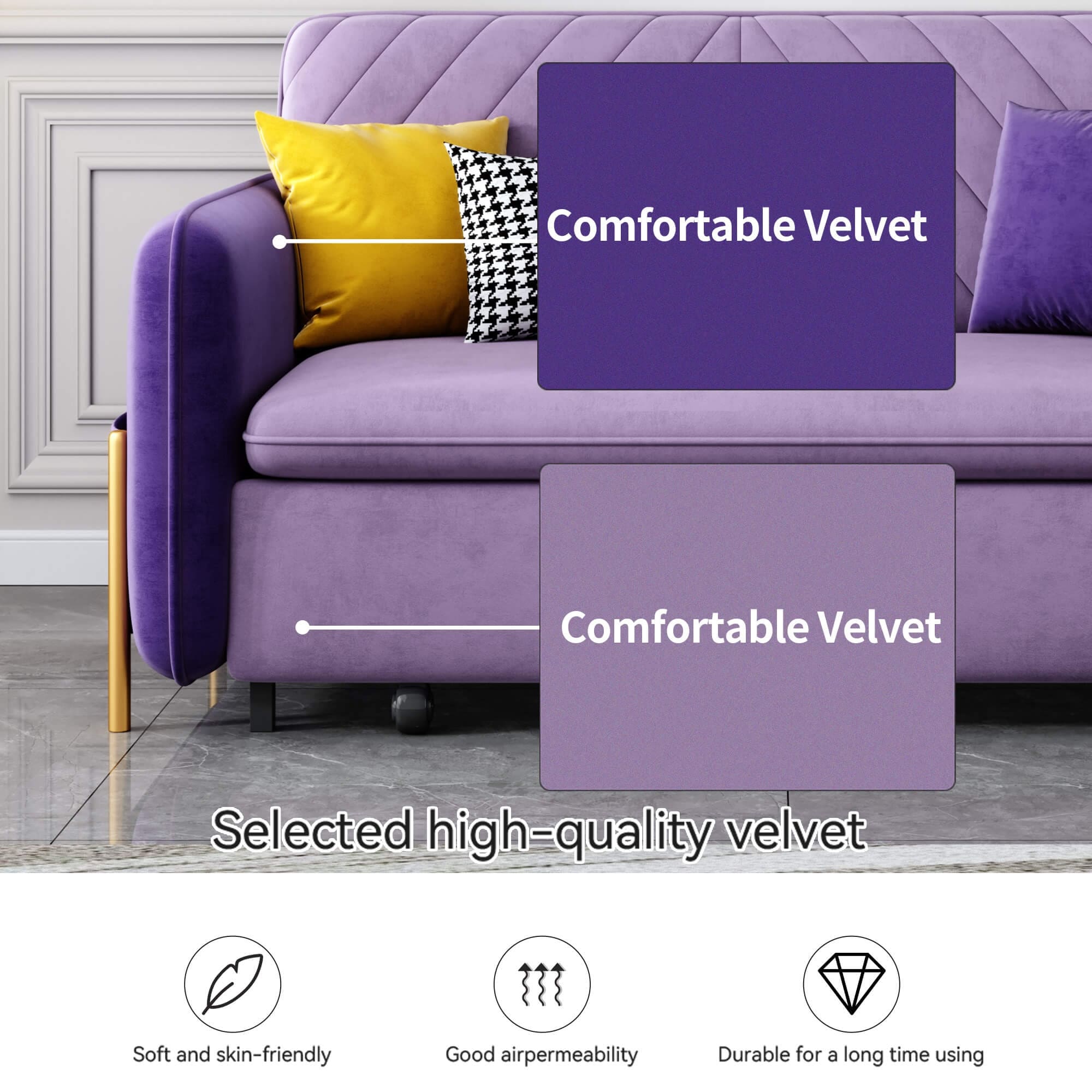 53.5” Full Sleeper Sofa Upholstered Convertible Sofa Bed 3-in-1 Sleeper Sofa Couch, Small Tufted Velvet (purple)