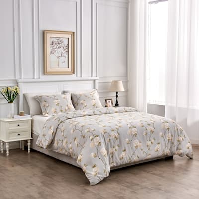 Printed Design Cotton Collection 400 Thread Count Ivory Alabaster Rose Duvet Set
