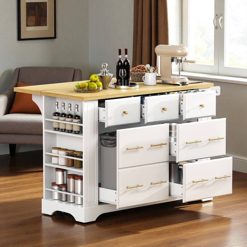 51" Kitchen Island with 6 Drawers, Drop Leaf, Power Outlet, Pull-Out Trash Can Storage, and 5 Open Side Racks on Wheels