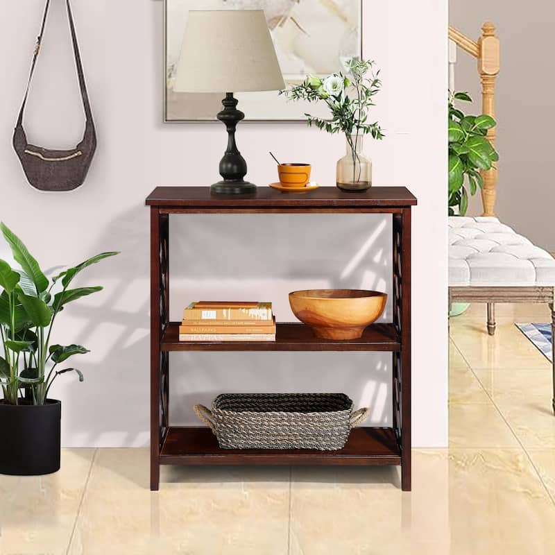 Solid Pine Wood 3 Tier Console Table with Storage Shelves, 31.5" Living Room Entryway Sofa Table with Hollow Decoration