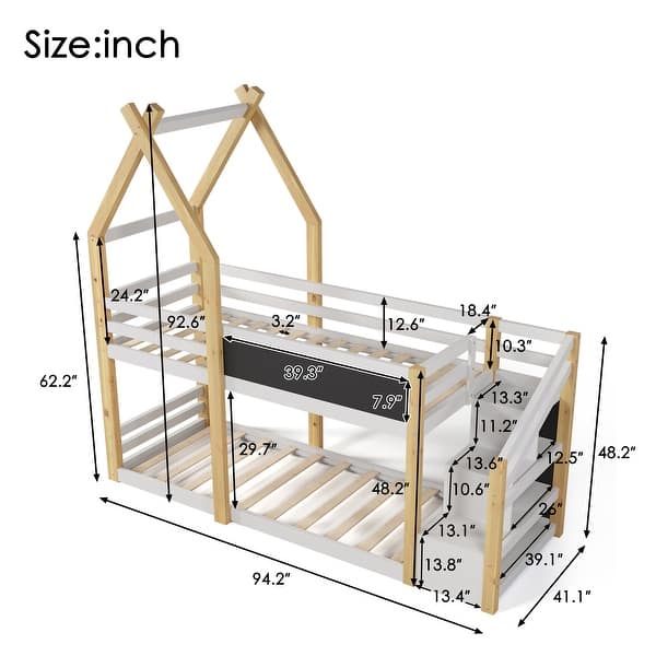dimension image slide 0 of 2, Twin House Bunk Bed with Stairs & Blackboards - Playful Design for Kids