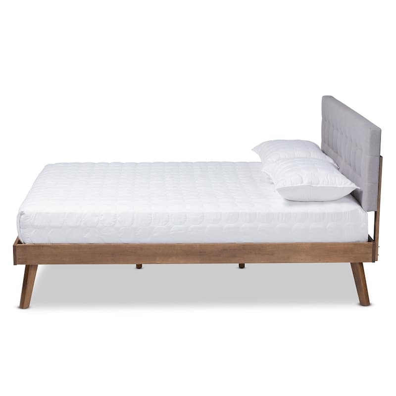 Devan Mid-Century Modern Fabric Upholstered Walnut Brown Finished Wood King Size Platform Bed