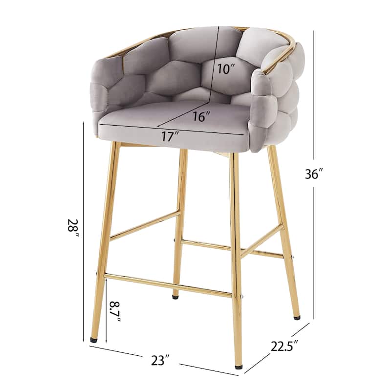Modern 28" Counter Stools Set of 2, Dark Blue Velvet Upholstery with Iron Frame, Comfortable Back and Cushion