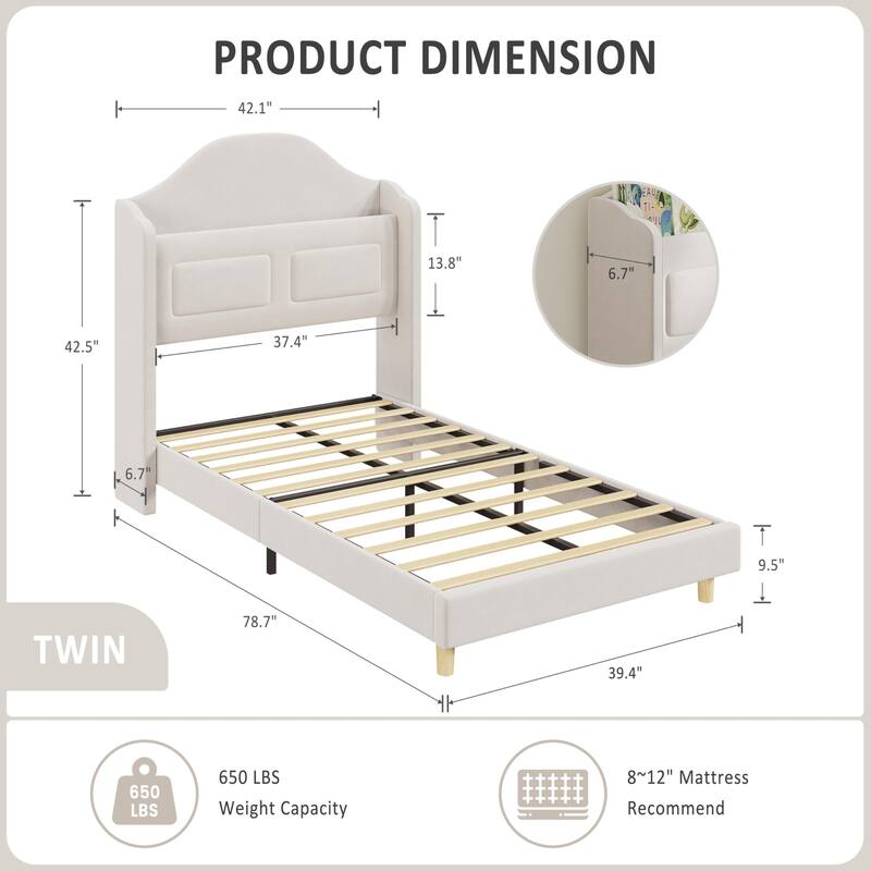 Upholstered Twin Bed Frame, with Wing Back Storage Headboard and Led Lights