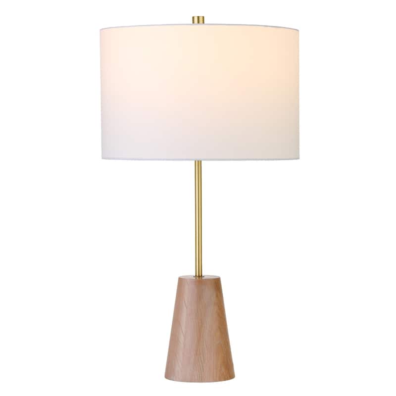 26" Gold and Brown Metal Table Lamp With White Drum Shade - 14" x 14" x 25.3"